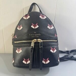 Kate Spade Black Pebbled Leather Fox Print Mini Backpack Convertible Crossbody